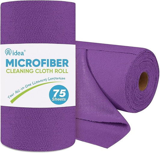 AIDEA Microfiber Cleaning Cloth Roll, 75PK, Reusable Paper Towels Tear Away Cloth, Microfiber Towels for Cars, Lint Free Cleaning Rags for House, Kitchen, Window, 11.5"×11.5", Purple