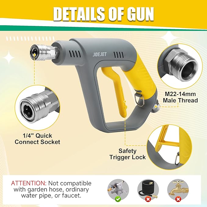 JOEJET Pressure Washer Gun with Mini Foam Cannon Dual Connector, Dual-Purpose Switch Spray Gun with 5 Power Washer Nozzle Tips, Dual Wand Foam Cannon, 1/4” Quick Connector