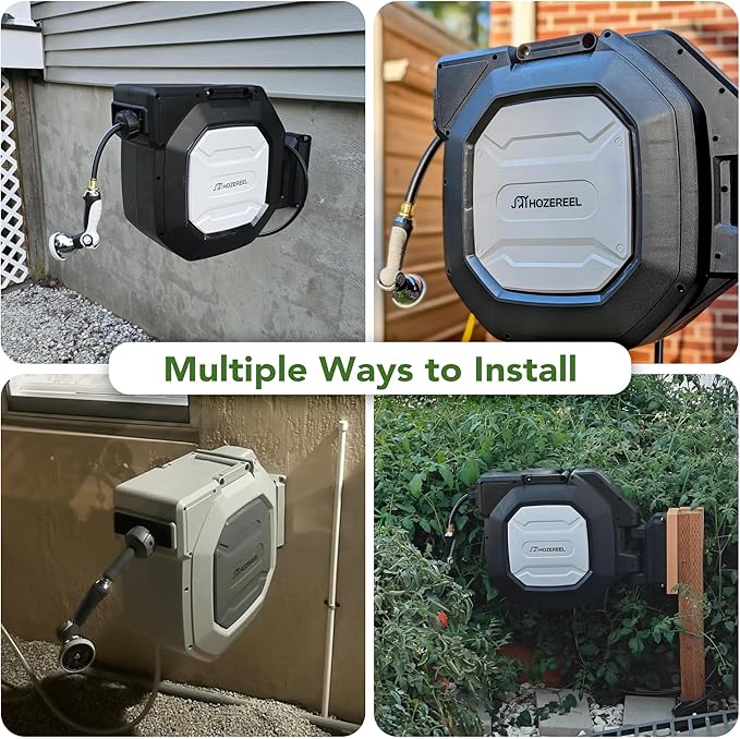 135 ft Retractable Garden Hose Reel, Heavy Duty Garden Hose Reels Outdoor Organizer- Self Retracting Wall Mount Hose Reel Automatic Recoil Storage, Any Length Lock, 10 Pattern Nozzle, White
