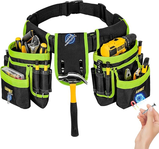Tool Belt,Magnetic Tool Pouch,27-Pockets Heavy Duty Tool Belts for Men,Detachable Tool Pouch Bag for Electrician,Carpenter,Construction,Work Apron,Utility Belt,Valentines Day Gifts for Men,Black,Green