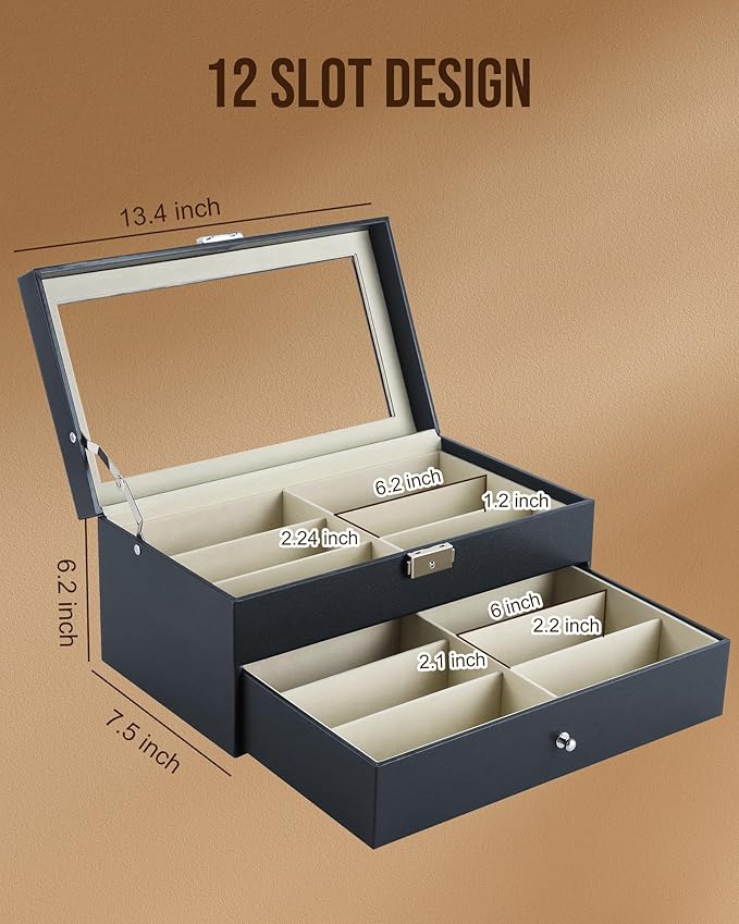 12 Slot Sunglasses Organizer, Lockable Leather Multi Eyeglasses Organizer with Drawers, Eyeglass Frames with Clear Glass Covers for Watch Jewelry Collection, Black