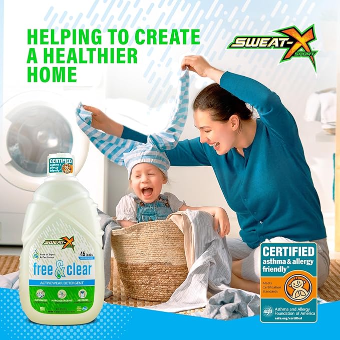 SWEAT X Free & Clear Laundry Detergent Liquid - Natural Non Toxic Laundry Detergent for Sensitive Skin - Gentle Washing Detergent for Activewear & Performance Fabrics - 45 Loads/Bottle, 4 Bottles