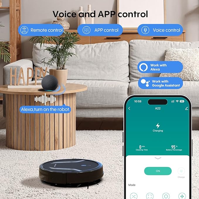 Bagotte Robot Vacuum and Mop Combo, 3-in-1 Robotic Vacuum Cleaner, 5000Pa Strong Suction with Auto Recharging,Tangle Free, Timing Function, App/WiFi/Voice/Remote for Hard Floor and Pet Hair