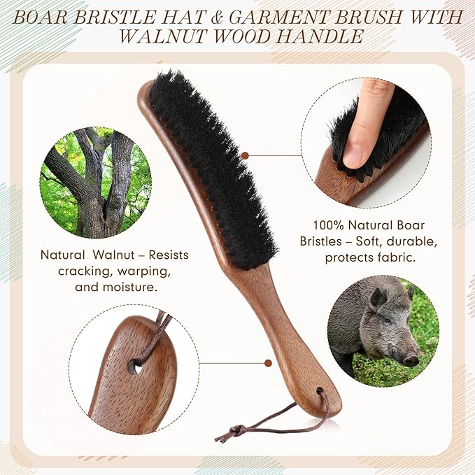 Patelai 2 Pcs Horsehair Felt Hat Brush Kit Lint Brush with Cleaning Sponge Felt Cowboy Hat Remover Kit Remove Dust Lint Brushes for Clothes Western Hats, Shoes(Walnut Color,Walnut)