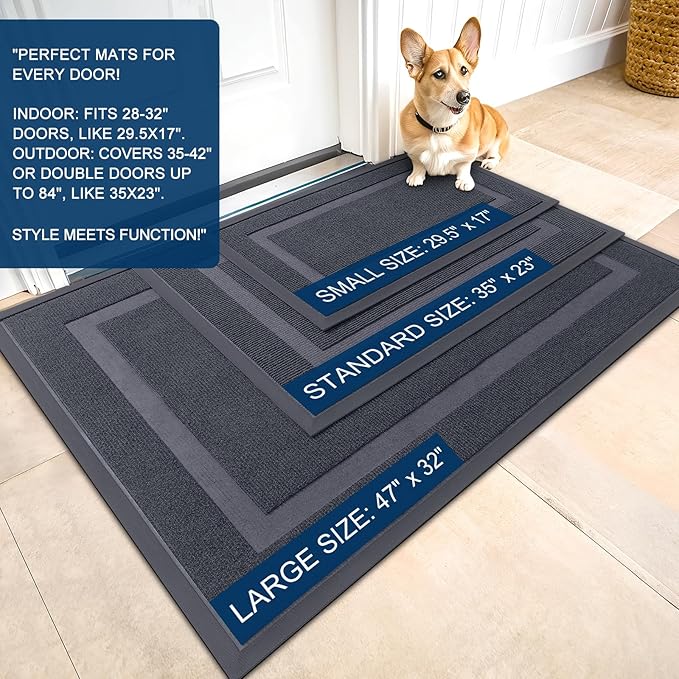 OLANLY Front Door Mat Indoor Outdoor Entrance, Waterproof All-Season, All-Weather Doormat, Sturdy Natural Rubber, Fade Resistant, Low Profile, Easy Clean Patio Porch Entryway Mat, 59x30, Light Grey
