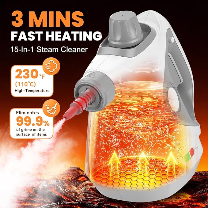 Handheld Steam Cleaner for Home, Pressurized Portable Steamer for Cleaning with 15 Accessories for Multi-Surface Cleaning, Floors, Tiles, Grout, Kitchen, Bathroom, Couch & Car