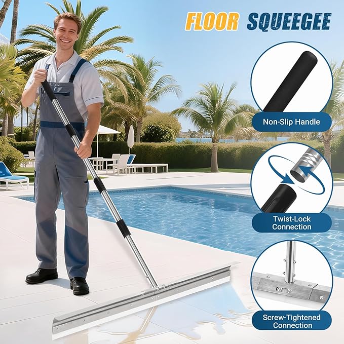 CAROD 33.4" Large Floor Squeegee for Concrete, Commercial Heavy Duty Silicone Blade Squeegee for Floor with 63" Stainless Handle, Anti-Splash Curved Baffle for Garage, Factory, and Tough Cleaning Jobs