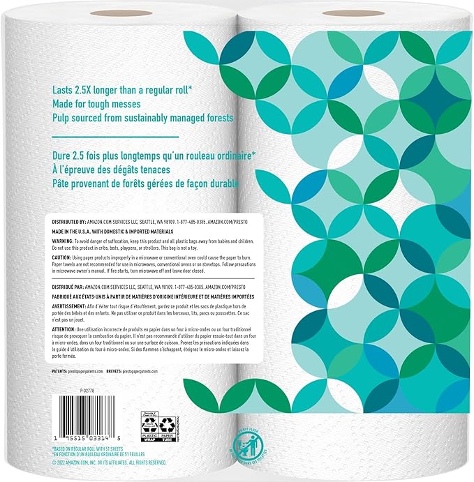 Presto! Paper Towels, 128 Sheet, 6 Rolls | Flex-a-Size | Family Roll | 3 Packs of 2 | White