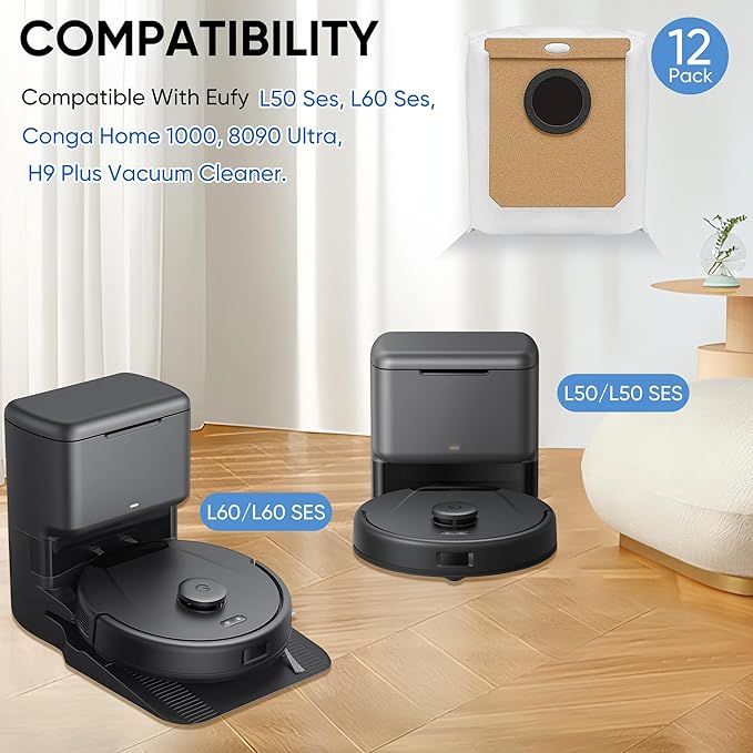 12 Pack Replacement Dust Bags for Eufy L60 / L60 SES / L50/ L50 SES Robot Vacuums, Large Replacement Vacuum Cleaner Collector Bags Compatible with Haier H9+, Conga Home 10000, 8090 Ultra, 9090 AI