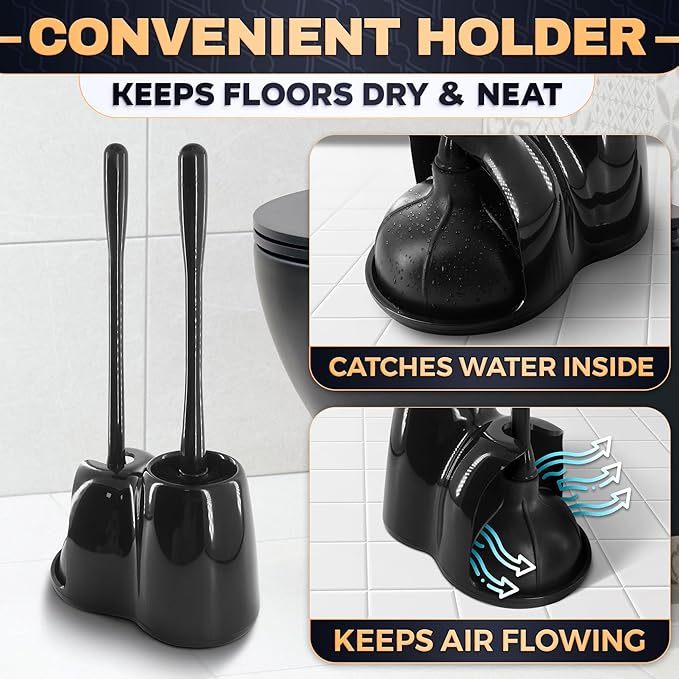 2-in-1 Black Toilet Brush and Plunger Set with Holder – Compact Bathroom Cleaning Combo, Strong Rubber Plunger & Stiff Bristle Brush, Space-Saving Stand, Fits Most Standard Toilets, 9.3×6.3×15.2 inch