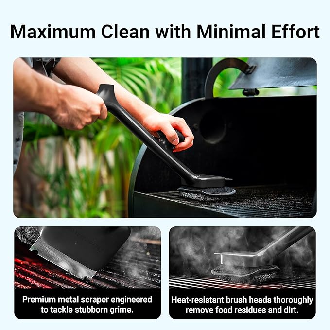 ThermoMaven BBQ Grill Brush Bristle Free - 17" Safe Steam Grill Cleaner Brush with Scraper and 3 Brush Heads for Porcelain/Gas/Charcoal Grill Outdoor Grill Barbecue Cleaner