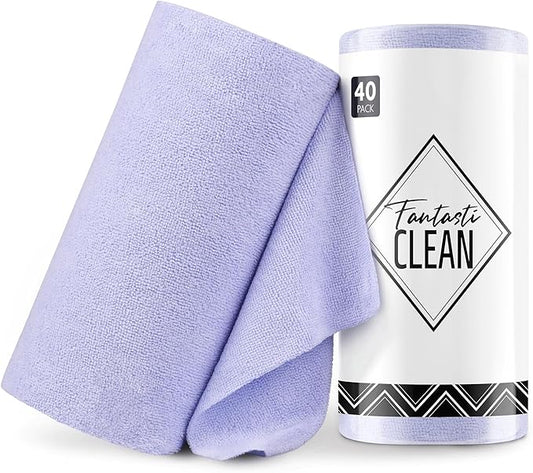 Fantasticlean Microfiber Cleaning Cloth Roll -40 Pack, Tear Away Microfiber Towels, 12" x 12", Reusable, Washable, Scratch Free, Ultra Absorbent for All-Around Cleaning Supplies (Lavender)