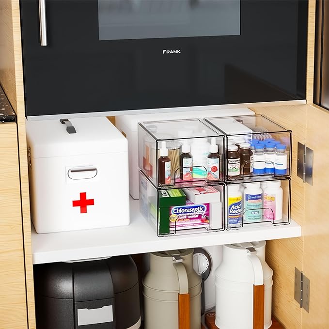 Yieach 2 Pack Clear Stackable Storage Drawers,4.4'' Tall Acrylic Drawer Containers for Organizing,Bathroom Organizers and Storage Bin Box,Plastic Makeup,Medicine Organizer Bins for Cabinet,Undersink