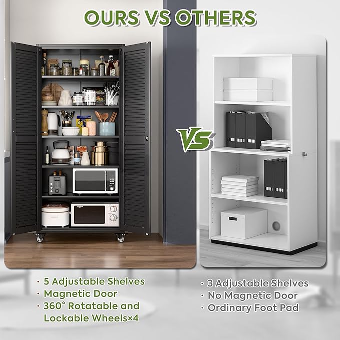 SUXXAN Garage Storage Cabinet with Wheels Pegboard and 5 Adjustable Shelves, 71"x 31.5"x15.8" Metal Lockable Cabinet with Louvered Doors, Tool Storage, Home Office Garage, Gym, School (Black)