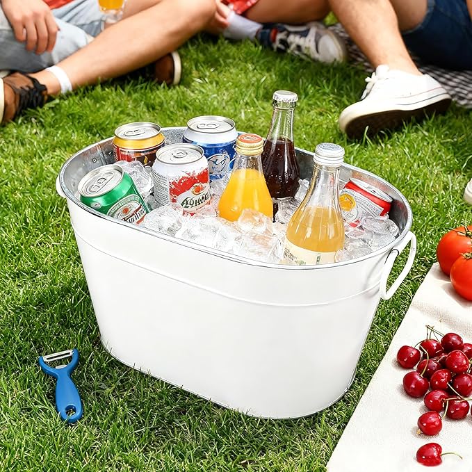 2PCS Galvanized Tub Ice Bucket for Parties, Thick Metal Galvanized Drink Buckets, Beverage Bucket with Handles, Drink Bucket for Indoor & Outdoor Party (White)