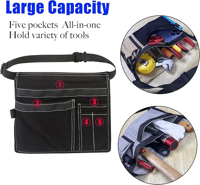 5-Pocket Utility Tool Belt Pouch for Men and Women, Adjustable Canvas Waist Belt Bag for Electrician Maintenance Gardening Carpentry, Durable Multi Work Apron for Tools & Accessories (Black)