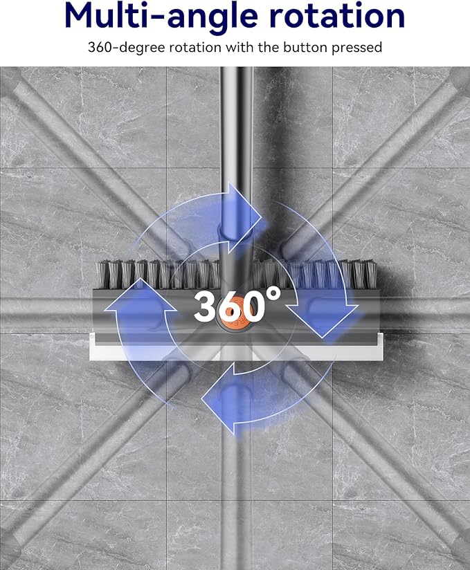 Small Floor Scrub Brush with Length Adjustable Long Handle, 3 in 1 Heavy-Duty Stiff Bristle Scrubber Brush with Squeegee and Tweezer for Cleaning Bathroom, Tile, Deck, Patio, Garage and Kitchen