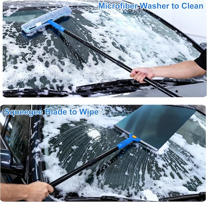 3-in-1 Professional Window Squeegee Kit with 2 Squeegee, 2 Microfiber Scrubber, 1 Razor Scraper, Thick Iron, 63.4" Window Squeegee with Extension Pole for Car, Glass, Mirror, Wall, Bathroom, Home, Van