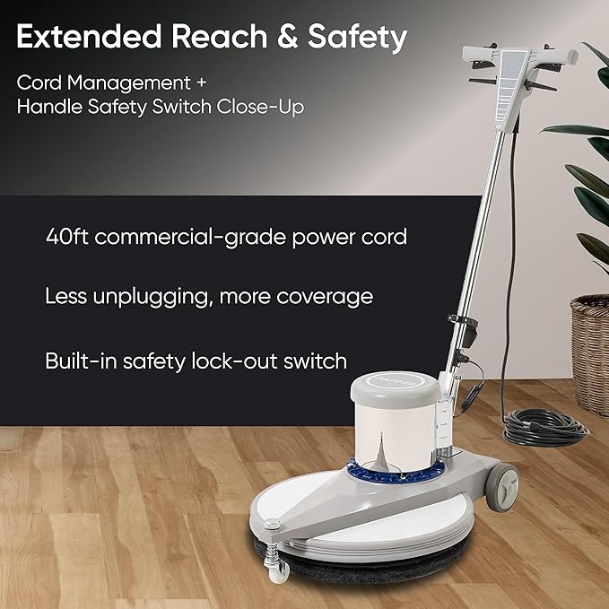 20" High-Speed Commercial Floor Burnisher, 1.5 HP, 1500 RPM, 40ft Cord, Rubber Bumper Guard, with Red, White & Black Pads for Cleaning, Polishing & Stripping