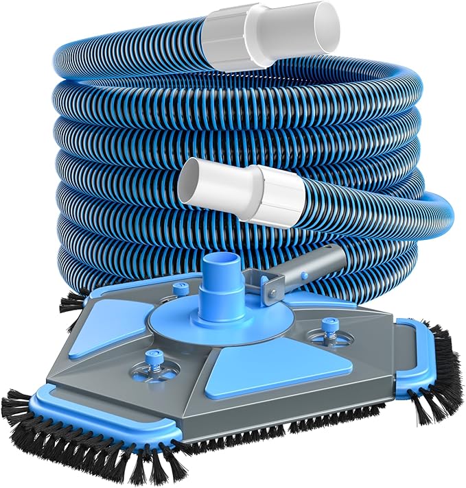 UIRWAY Upgrade Pool Vacuum Head with Side Brush & 360° Swivel Cuff, 1-1/2" x 30 Ft Heavy Duty Manual Kink-Resistant Vacuum Hoses, Weighted Triangular Shape for Inground & Above Ground Pool(No Pole)