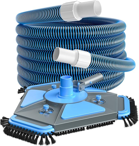 UIRWAY Upgrade Pool Vacuum Head with Side Brush & 360° Swivel Cuff, 1-1/2" x 30 Ft Heavy Duty Manual Kink-Resistant Vacuum Hoses, Weighted Triangular Shape for Inground & Above Ground Pool(No Pole)