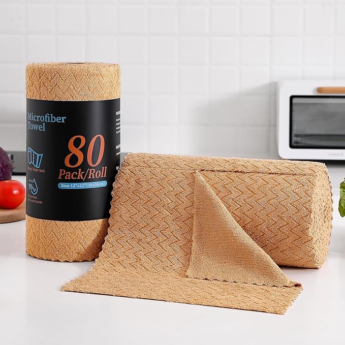 80 Pack Microfiber Cleaning Cloth Roll Reusable Paper Towels 12"x12" Tear Away Cloth,Absorbent Dish Rags for House Kitchen,Wash Cloths,Lint Free Rags for Window Cars Cleaning Supplies