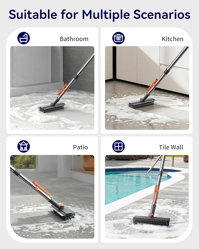 Small Floor Scrub Brush with Length Adjustable Long Handle, 3 in 1 Heavy-Duty Stiff Bristle Scrubber Brush with Squeegee and Tweezer for Cleaning Bathroom, Tile, Deck, Patio, Garage and Kitchen