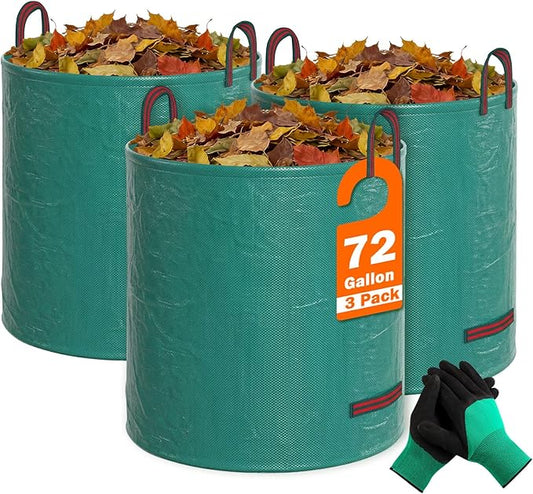 FEED GARDEN 72 Gallon Reusable Yard Waste Bags, 3 Pack Heavy Duty Lawn and Leaf Bags with 4 Reinforced Handles Stand Up for Leaves Grass Clippings Debris Includes Gardening Gloves