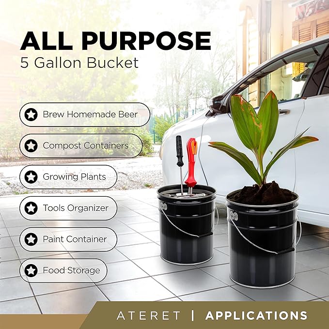 ATERET 5 Gallon Black Metal Bucket, Heavy Duty Durable Steel Open Head Pail with Handle for Outdoor and Household Use (18 Pack - Bucket Only)