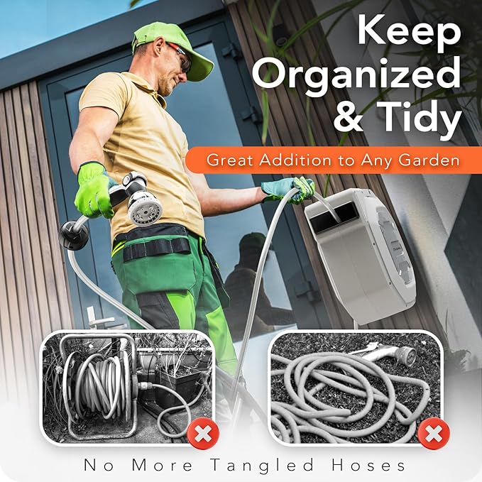 135 ft Retractable Garden Hose Reel, Heavy Duty Garden Hose Reels Outdoor Organizer- Self Retracting Wall Mount Hose Reel Automatic Recoil Storage, Any Length Lock, 10 Pattern Nozzle, White