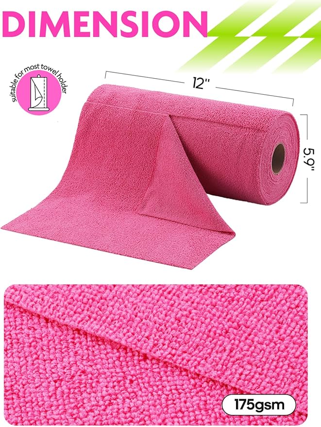 Tear-A-Rag Roll -50 Pack, 12 x 12" Microfiber Cleaning Cloth, Reusable Towels for home, auto and shop (Magenta)