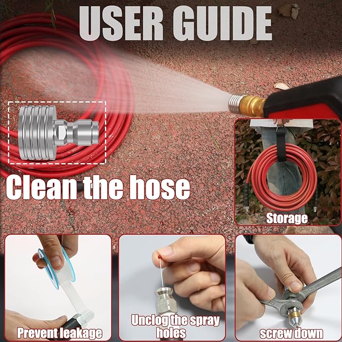 200FT Sewer Jetter Kit for Pressure Washer 5800PSI,1/4" NPT Drain Jetter Hose with 1/4" Quick Plug，3 Sewer Jet Nozzles，Spanners Teflon Tape Gloves and Spray Nozzle for Cleaning