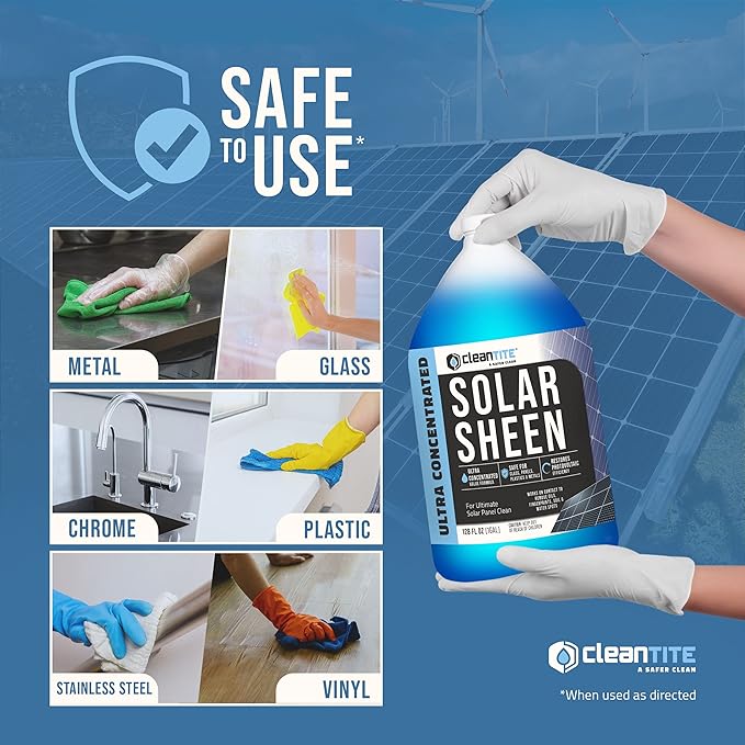 Solar Panel Cleaner 1 Gallon (Makes 512 G) - Super Concentrated Cleaning Solution for Glass, Metal, Wood & Plastic - Remove Oil, Fingerprint & Water Spots - Multipurpose Solar Panel Cleaning