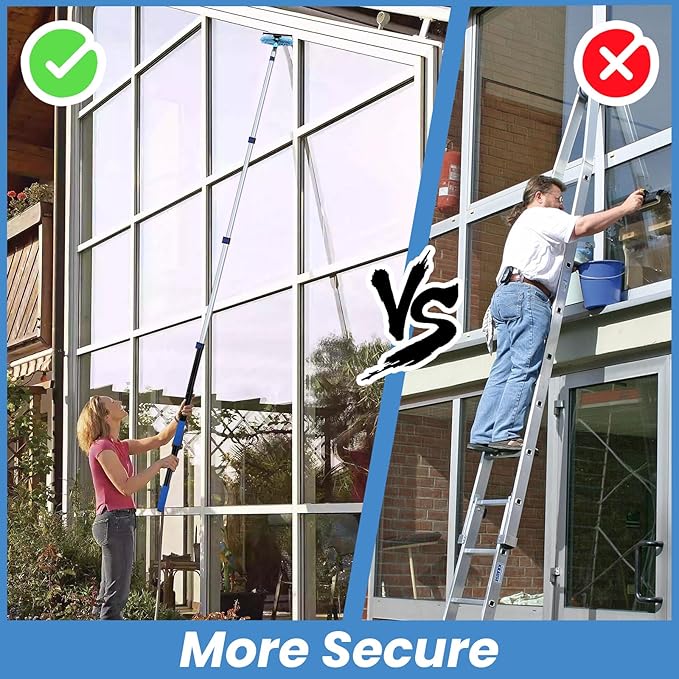 30ft High Ceiling Duster Kits with 5-24ft Heavy Duty Extension Pole - Fan Blade Cleaner, Cobweb Remover & Blue Window Squeegee Kit, Washable Dust Brush for High Roof and Glass Surfaces