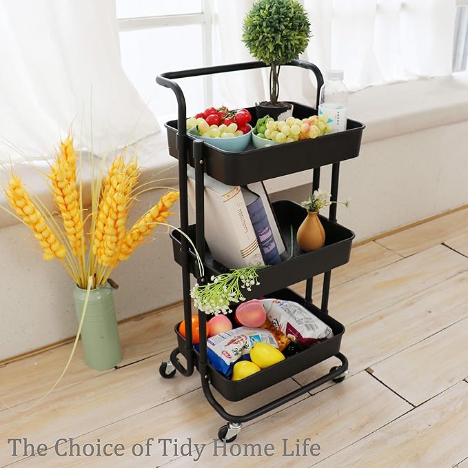 3 Tier Utility Rolling Cart Multifunction Organizer Shelf Storage Cart with Handle and Lockable Wheels for Home Kitchen Bathroom Laundry Room Office Store etc. (Black)