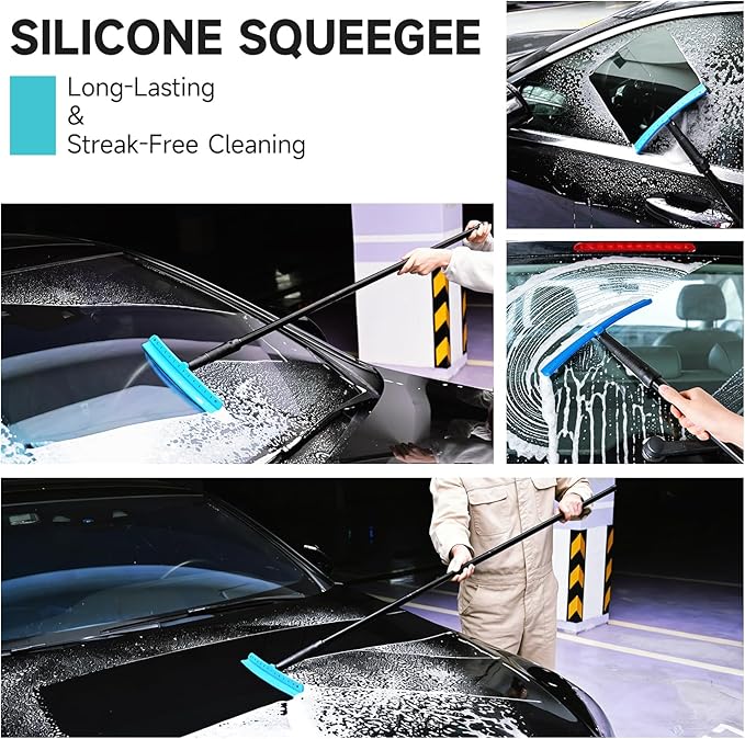 FOSHIO TPU Squeegee 10-Inch Blade with 4 Extension Poles (Extends up to 63 Inches), Anti-Slip Grip Handle Rubber Squeegee Streak-Free Cleaning for Car Windows, Shower Doors, Mirrors, Glass