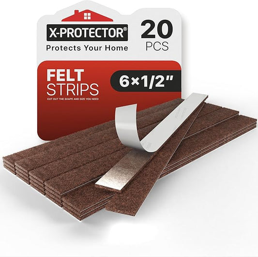 X-Protector Felt Furniture Pads - 20 PCS 6 x 1/2" - Premium Felt Strips with Adhesive Backing - Rectangular Furniture Pads for Hardwood Floors - Cut Furniture Felt Pads to Size You Need! (Brown)