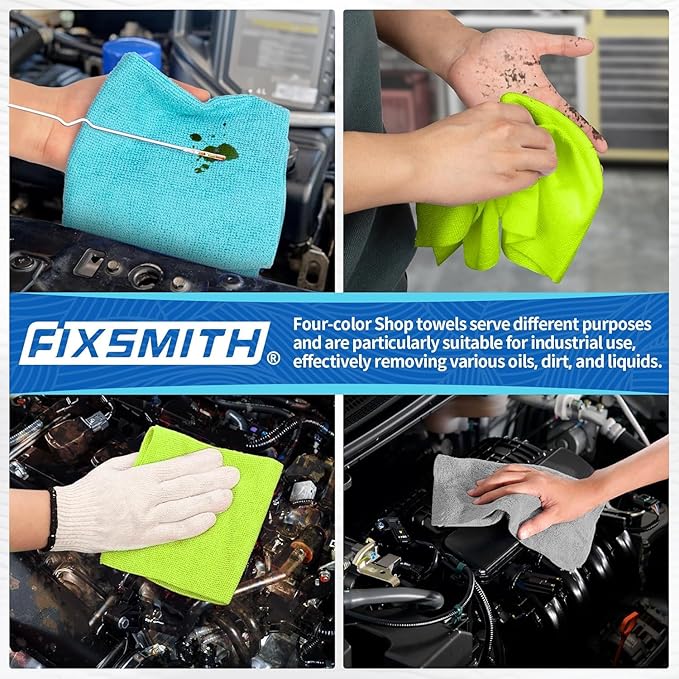 FIXSMITH Microfiber Cleaning Cloth, Shop Towels Bulk, 24 Pack Microfiber Towels for Cars, All-Purpose Absorbent Cleaning Rags, Dust Cloth for Automotive, Mechanic, Garage, Bar, 12 x 11 inch