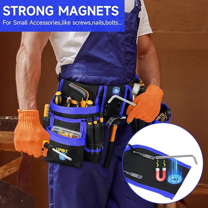 Tool Belt,Magnetic Tool Pouch,27-Pockets Heavy Duty Tool Belts for Men,Detachable Tool Pouch Bag for Electrician,Carpenter,Construction,Work Apron,Utility Belt,Valentines Day Gifts for Men,Black,Blue