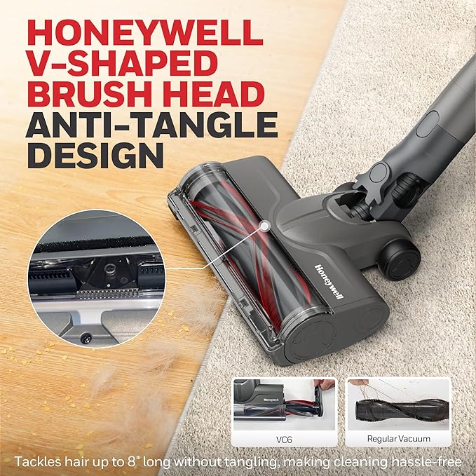 Honeywell Dual Mode Cordless Vacuum Cleaner, Brushless Stick Vacuum Cleaner for Carpet and Hard Floor w/Powerful Suction, Free‑Standing, Anti‑Tangle, 45Mins Runtime, Rechargeable for Home Pet Hair VC6