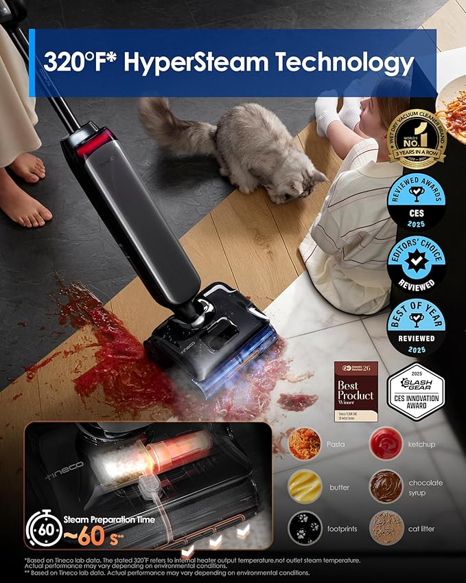 Tineco Floor One S9 Artist Steam Wet Dry Vacuum Cleaner, High-Temp Steam Cleaning, 22kPa Suction, 360° SmoothDrive, Anti-Tangle Design, 185°F Flashdry, Long Runtime, 180° Lay-Flat