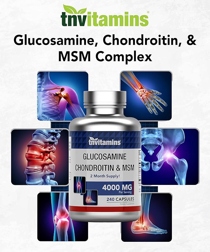 tnvitamins Glucosamine Chondroitin MSM Capsules, 240 Count | 4,000 mg Per Serving | 2,000 mg Glucosamine Sulfate 2KCl + 2,000 mg MSM & Chondroitin Blend | Joint Support Supplement