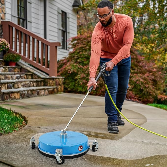 17" Pressure Washer Surface Cleaner with 4 Wheels, Coated Blue Stainless Steel Power Washer Surface Cleaner for Driveway Sidewalk, 1/4" Quick Connector, 2 Extension Wand, 4000 PSI