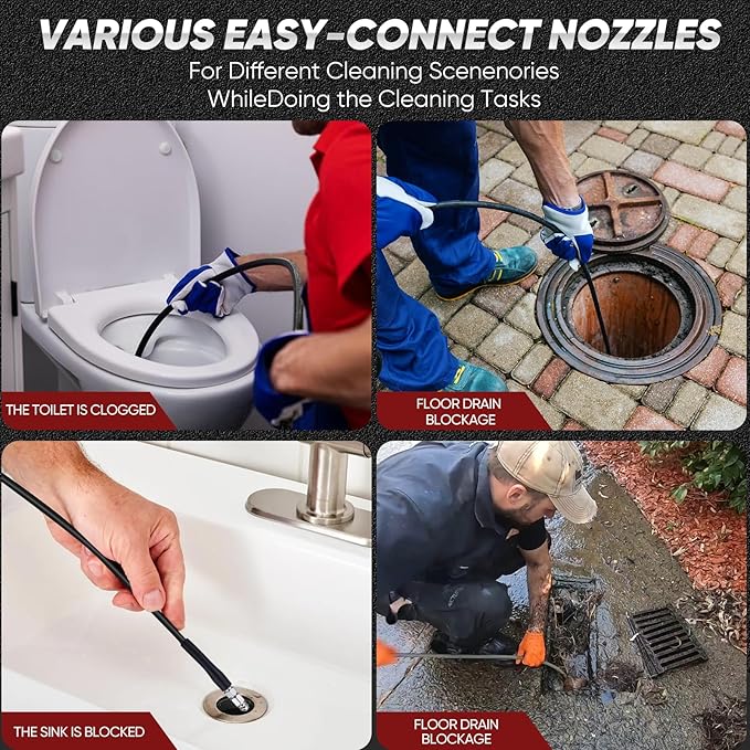 50FT Sewer Jetter Kit for Pressure Washer, 5800 PSI Drain Cleaning Hose with 5 Jet Nozzles & 2 Adapters, Compatible with Spray Guns and Power Washers, Ideal for Clogged Pipes and Drains