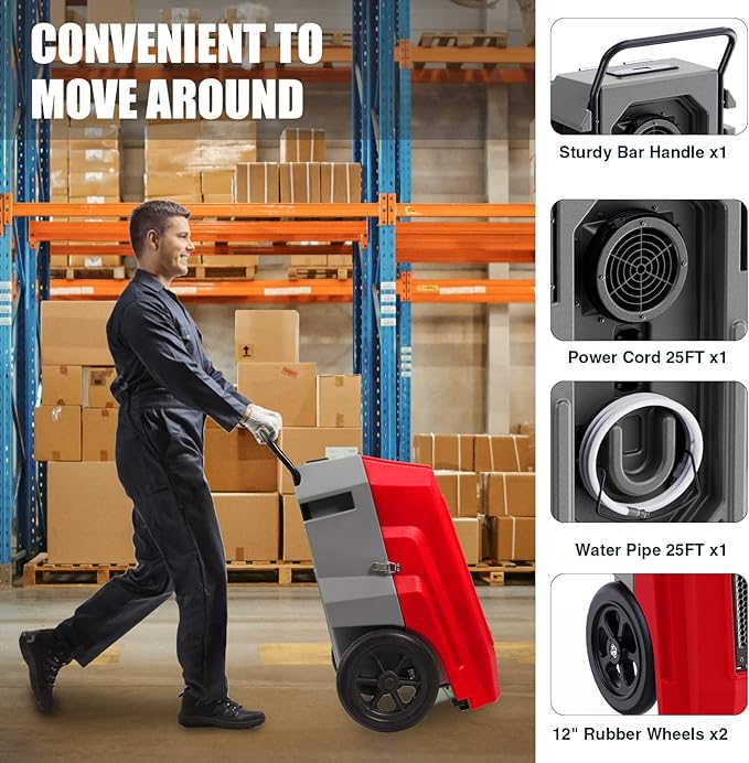 MOUNTO 180Pints LGR Industrial Dehumidifier with Pump and Drain Hose, Portable Commercial Dehumidifier with Wheels for Home, Basements, Garages, and Job Sites (Red)