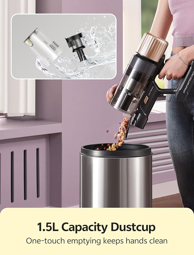 Ultenic Cordless Vacuum Cleaner, 600W 60KPA 65mins Vacuum Cleaners for Home, Cordless Stick Vacuum with Green Light, Self-Standing & 180° Lay-Flat, Anti-Tangled Brush for Floor/Carpet/Pet Hair