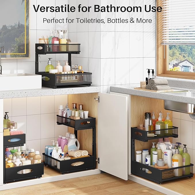 Under Sink Organizer, 2 Pack 2 Tier Pull Out Under Cabinet Organizer Shelf with Pad for Framed Cabinets, Metal Slide Out Under Sink Storage, Mesh Sliding Drawers for Kitchen Bathroom Laundry, Black