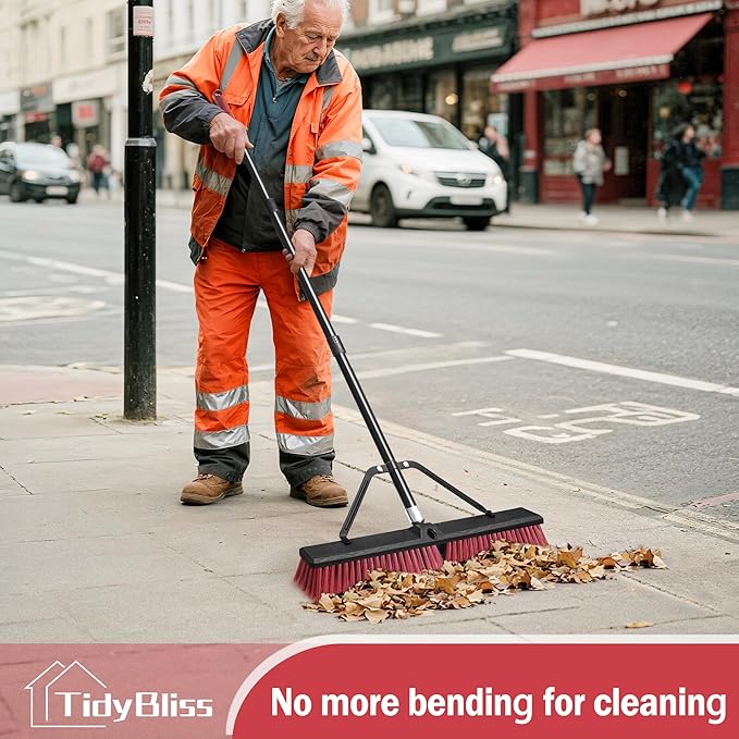 24” Push Broom Outdoor Heavy Duty 2 Pack, Large Commercial Stiff Bristle Brush with 63 inches Long Handle for Garage Shop Garden Yard Patio Deck Street Warehouse Lawn Driveway (Red)