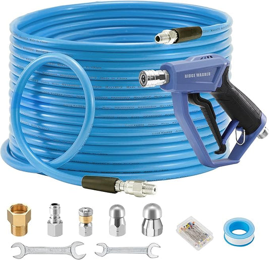 RIDGE WASHER Sewer Jetter Kit for Pressure Washer 150FT, 3600 PSI Drain Cleaning Hose with Short Power Washer Gun, 1/4 Inch NPT Corner, Rotating and Button Nose Sewer Jetting Nozzle