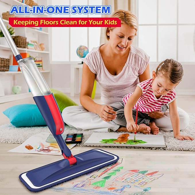 Spray Mops for Floor Cleaning: MEXERRIS Wet Dust Mops with 4 Washable Mopping Pads 2 Refillable Bottles - Flat Floor Mop with Sprayer Home Commercial Mop for Hardwood Wood Laminate Ceramic Tiles